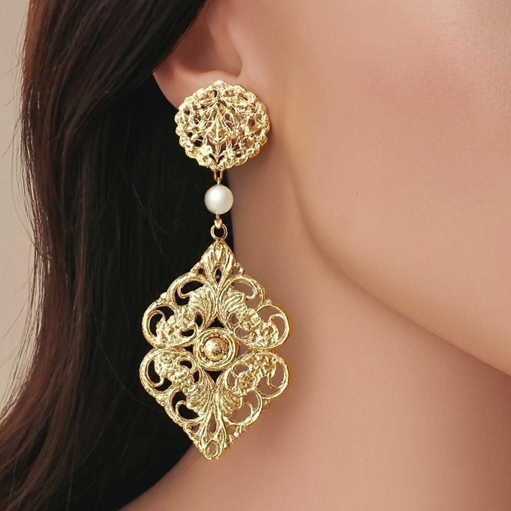 Women's Stylish Gold-tone Filigree Design 3" Long Beaded Drop Dangle Earrings #5